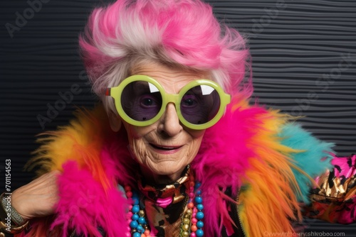 Funny senior woman with bright pink wig and sunglasses on a black background