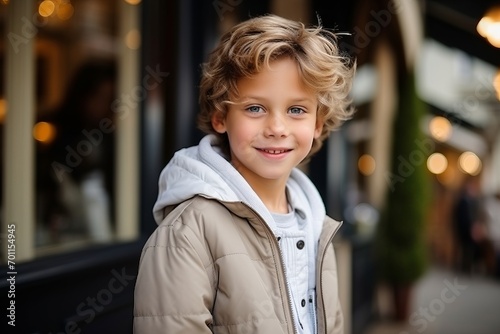Portrait of a cute little boy with blond hair in the city centre