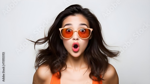 portrait of asian girl looking surprised wow face takes off sunglasses and staring impressed camera standing white background photo