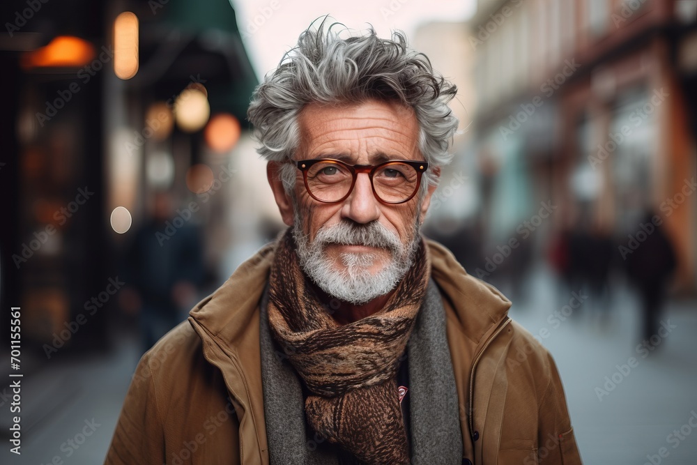Portrait of a senior man with grey hair and glasses in the city. Portrait of a senior man with grey hair and glasses in the city.