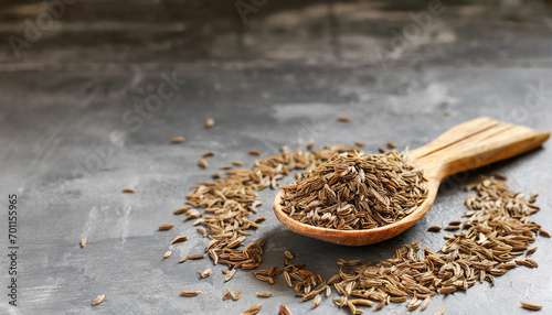 Side view on the light brown fragrant caraway spice seeds on the wooden spoon on the grey scratched background, horizontal format