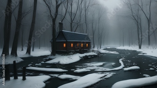 abandoned house in a snowy forest with a river and trees photo