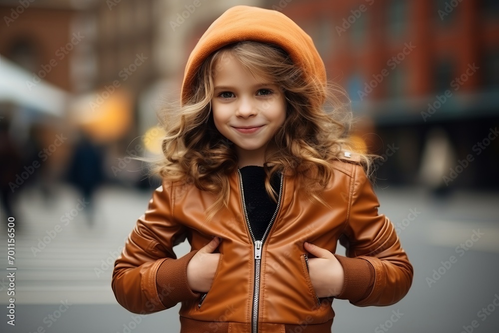 Portrait of a cute little girl in a brown jacket and beret