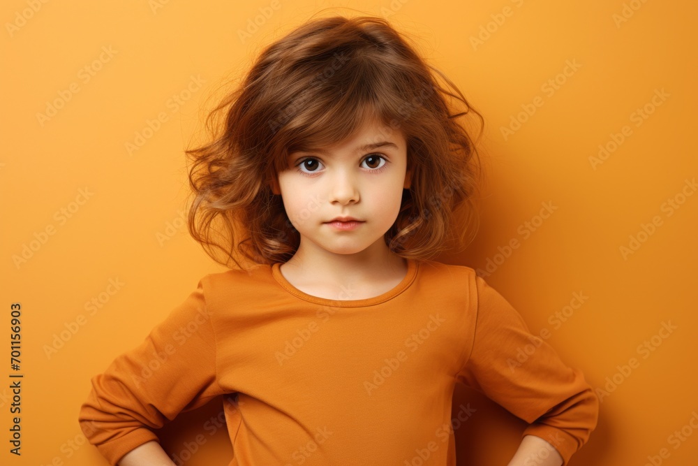 Portrait of a cute little girl looking at camera over orange background Portrait of a cute little girl looking at camera over orange background