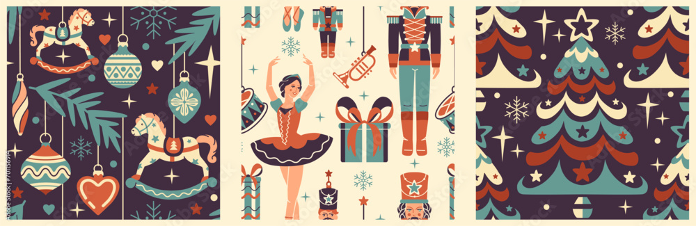Vintage set of seamless patterns. Christmas Nutcracker Ballet aesthetic. Retro backgrounds, wrapping paper, fabric. - obrazy, fototapety, plakaty 