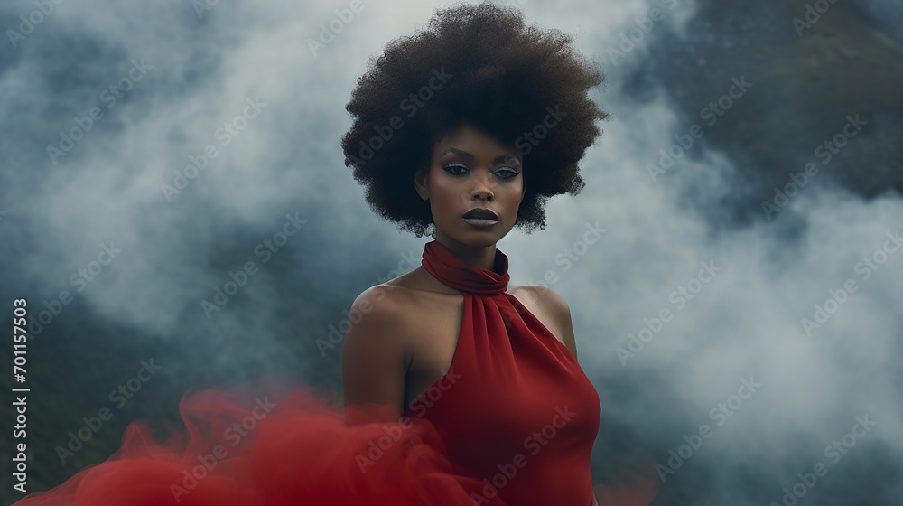 Flowing red dress photographed on a beautiful black model on a mountain 