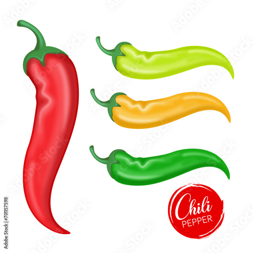 Realistic Vector of chili set product. Vector hot chilies set isolated on a white background. Red, yellow and green.