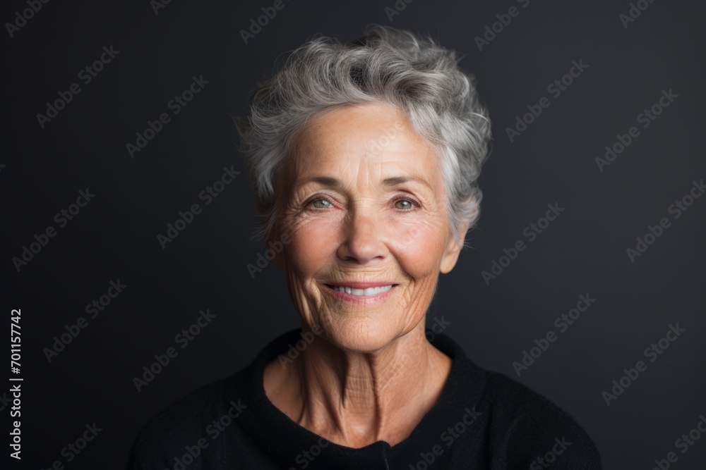 Portrait of a smiling senior woman on black background. Looking at camera. Portrait of a smiling senior woman on black background. Looking at camera.