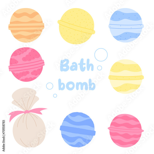 Set of cartoon bath bombs with different color. Bath bomb isolated on white background.