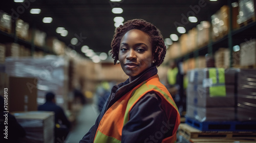 Black woman working in a warehouse, smiling happy to work