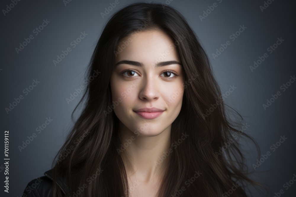 Portrait of a beautiful young woman with long brown hair on a gray background Portrait of a beautiful young woman with long brown hair on a gray background
