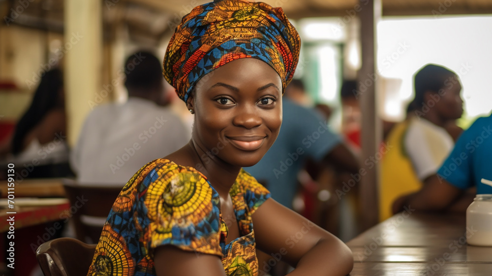 African woman sitting in her restaurant 
