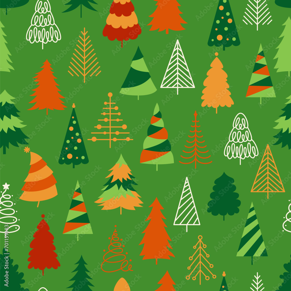 Christmas doodle tree New Year seamless pattern. Noel celebrate traditional symbol trendy boundless repeat background. Xmas winter pine wood endless design print, wrapper packaging backdrop template