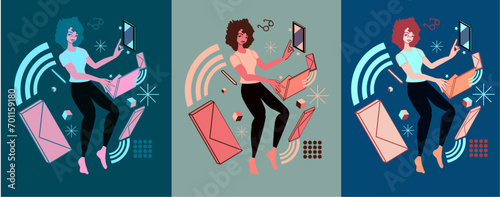 hand drawn illustration of a girl working on the internet with a pc a cellphone and sending e mails vector art