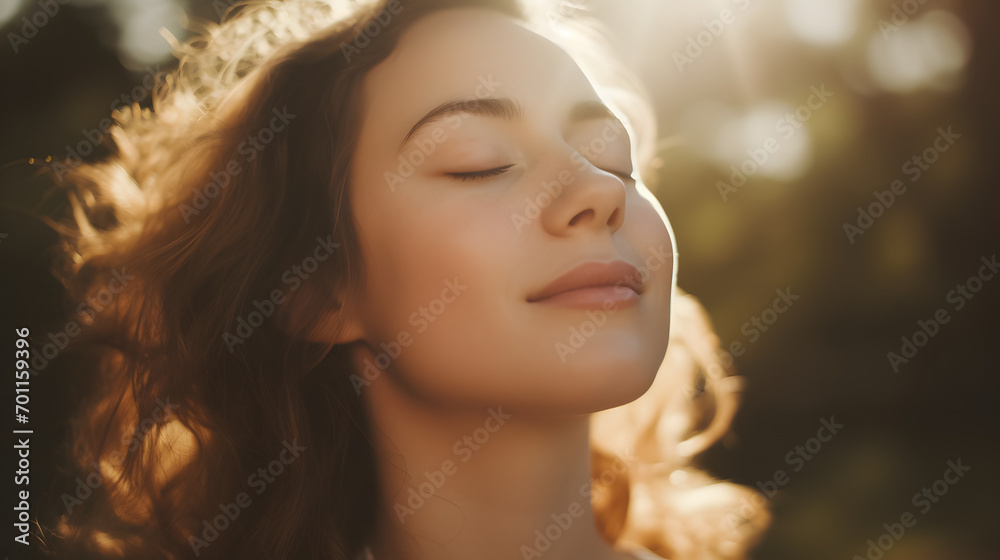 Up-close image of a calm woman meditating in the morning, inhaling the pure and revitalizing air. Up-close image of a calm woman meditating in the morning, inhaling the pure and revitalizing air.