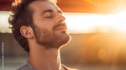 Up-close image of a composed man engaging in morning meditation, inhaling the pure and revitalizing air. photo