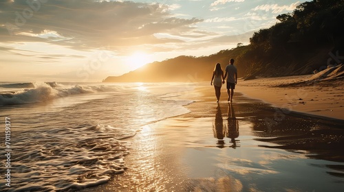  Long shot of a couple walking on a beach, Sunset light © mariyana_117