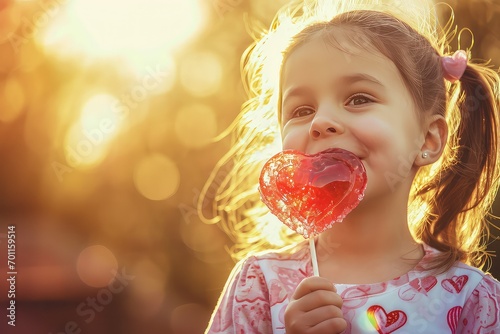 girl eating heart shaped lollypop candy photo