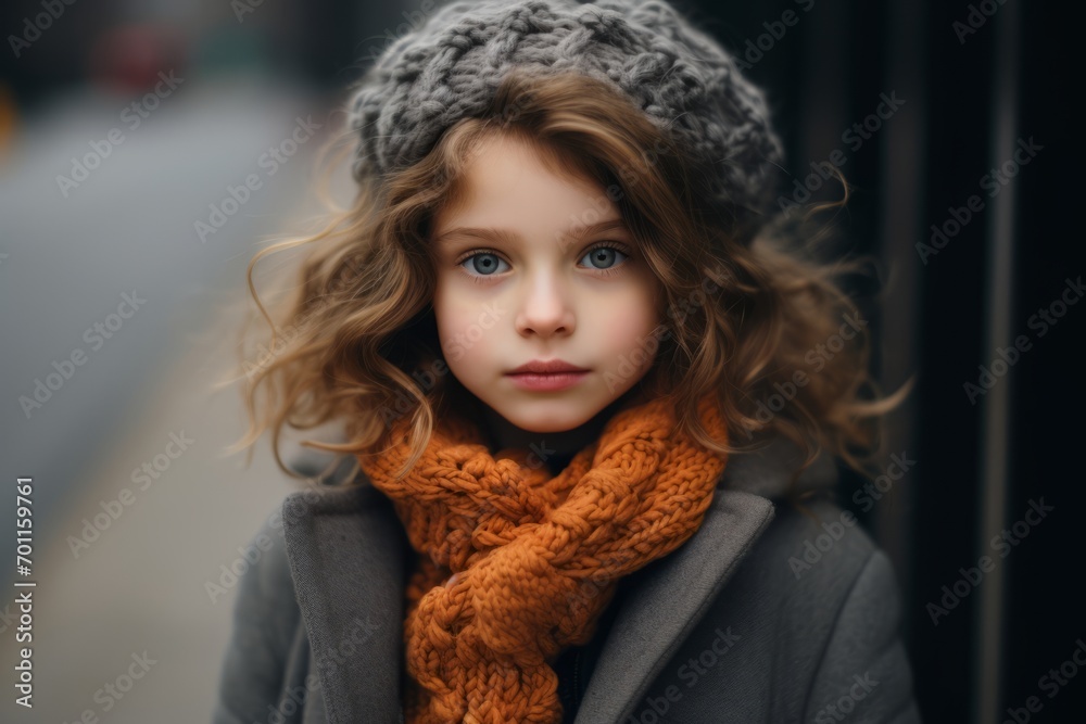 Portrait of a beautiful little girl with curly hair in a hat and scarf on the street Portrait of a beautiful little girl with curly hair in a hat and scarf on the street