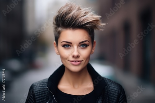Portrait of a beautiful young woman with short hair in the city