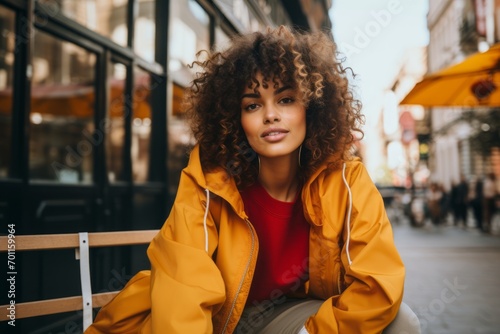 beautiful african american woman in yellow jacket sitting on bench and looking at camera © Iigo