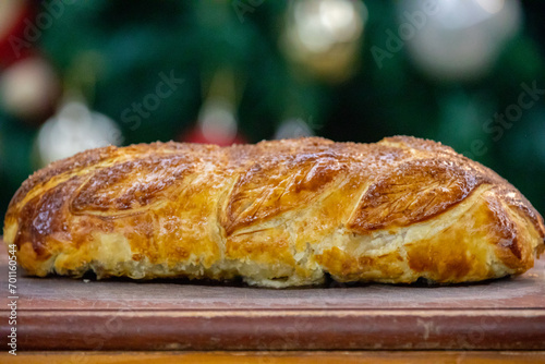 Traditional and Perfect homemade juicy Beef Wellington, tenderloin dish on rustic wooden table. Christmas food