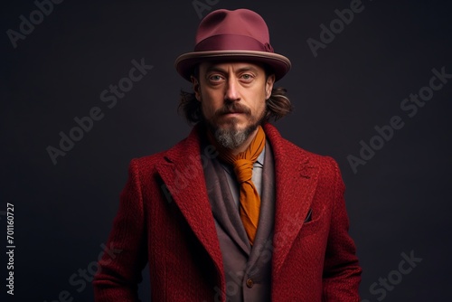 Handsome man in red coat and hat. Studio shot.