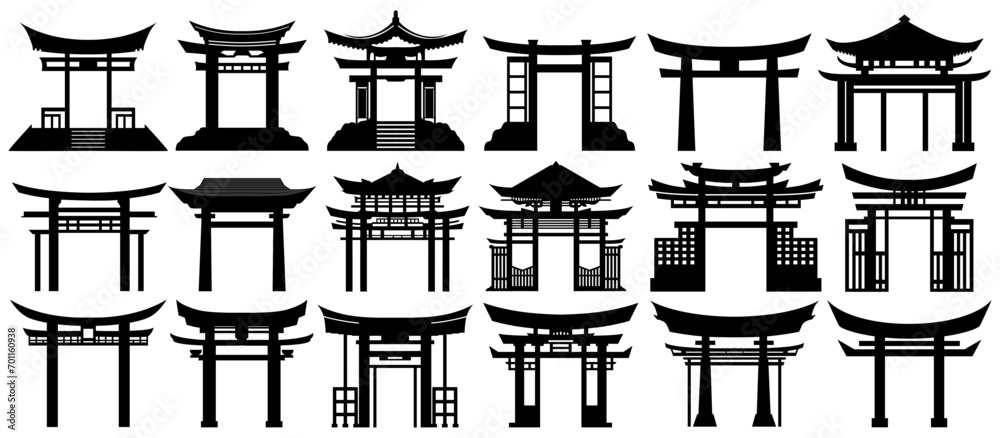 Set collections Japanese traditional gate black silhouette icon symbol. Torii gate castle design vector illustration - obrazy, fototapety, plakaty 