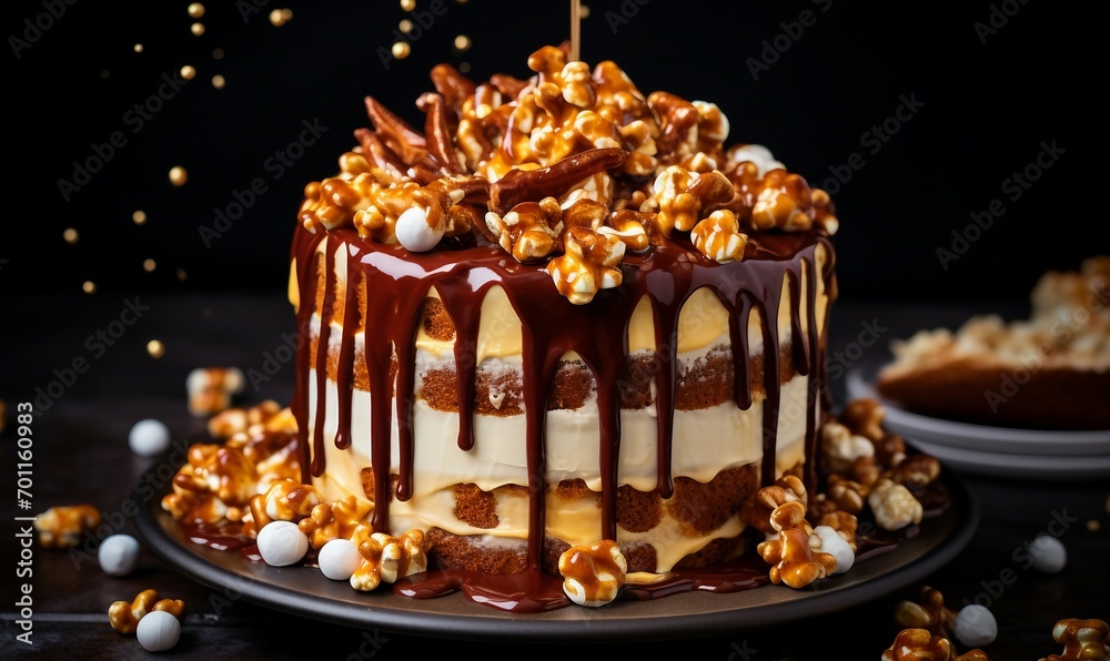 cake with caramel corn and chocolate drizzle cake with caramel corn and chocolate drizzle