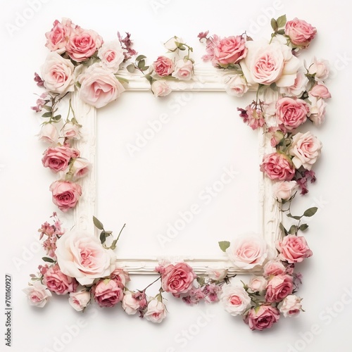 Romantic roses around a frame on white background