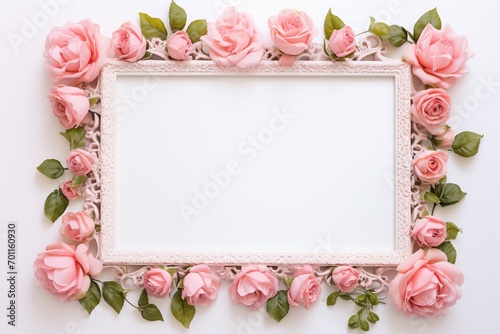 Romantic roses around a frame on white background