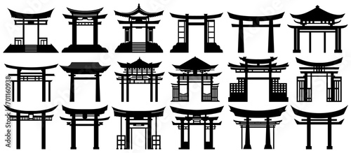 Set collections Japanese traditional gate black silhouette icon symbol. Torii gate castle design vector illustration photo