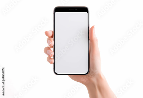 Woman holding cellular smartphone with blank screen photo