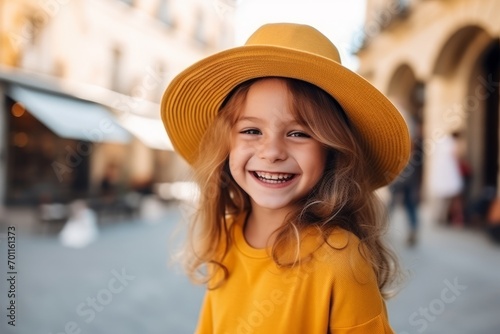 Portrait of smiling little girl in yellow hat on the street.