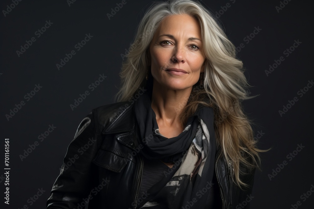 Portrait of a beautiful middle-aged woman in a black leather jacket on a dark background Portrait of a beautiful middle-aged woman in a black leather jacket on a dark background