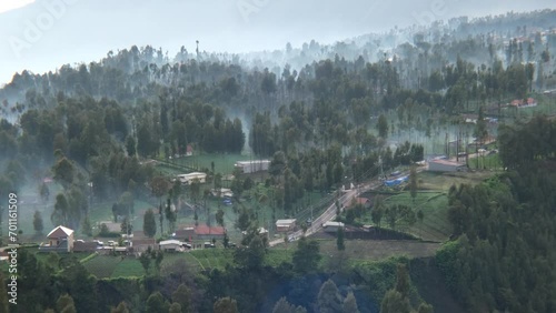 cemoro lawang misty village in the highlands of the bromo mountains aerial view