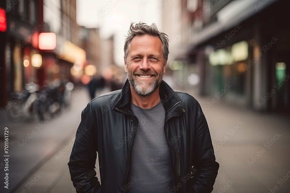 Handsome middle-aged man in a city street portrait.