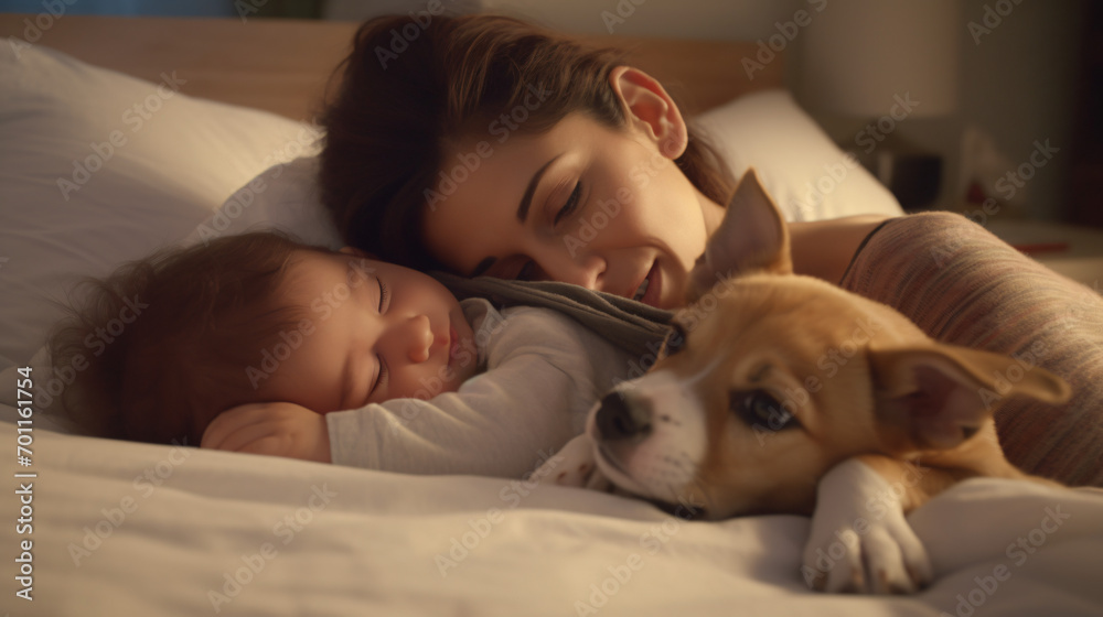 Sleeping mother, son, and dog, Generative Ai Sleeping mother, son, and dog, Generative Ai