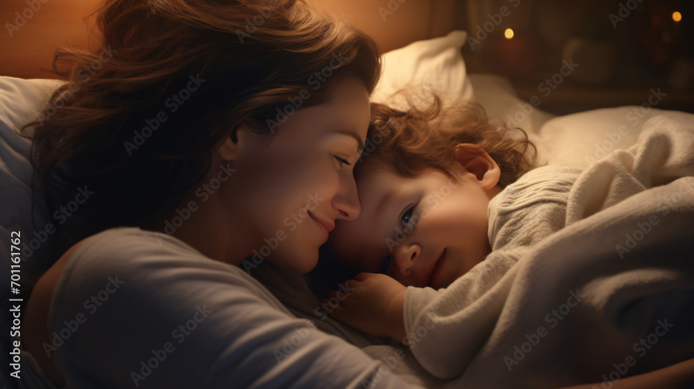 Sleeping mother, son, and dog, Generative Ai Sleeping mother, son, and dog, Generative Ai