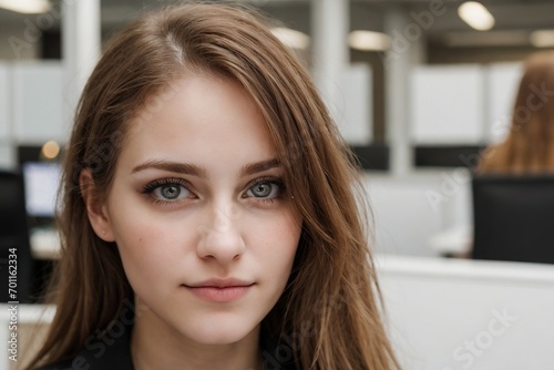 Portrait of a beautiful young businesswoman against blurred office with copy space.