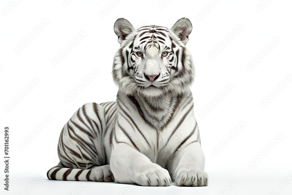 Fototapeta premium Image of white tiger on white background. Wildlife Animals, Mammals, Illustration, Generative AI.