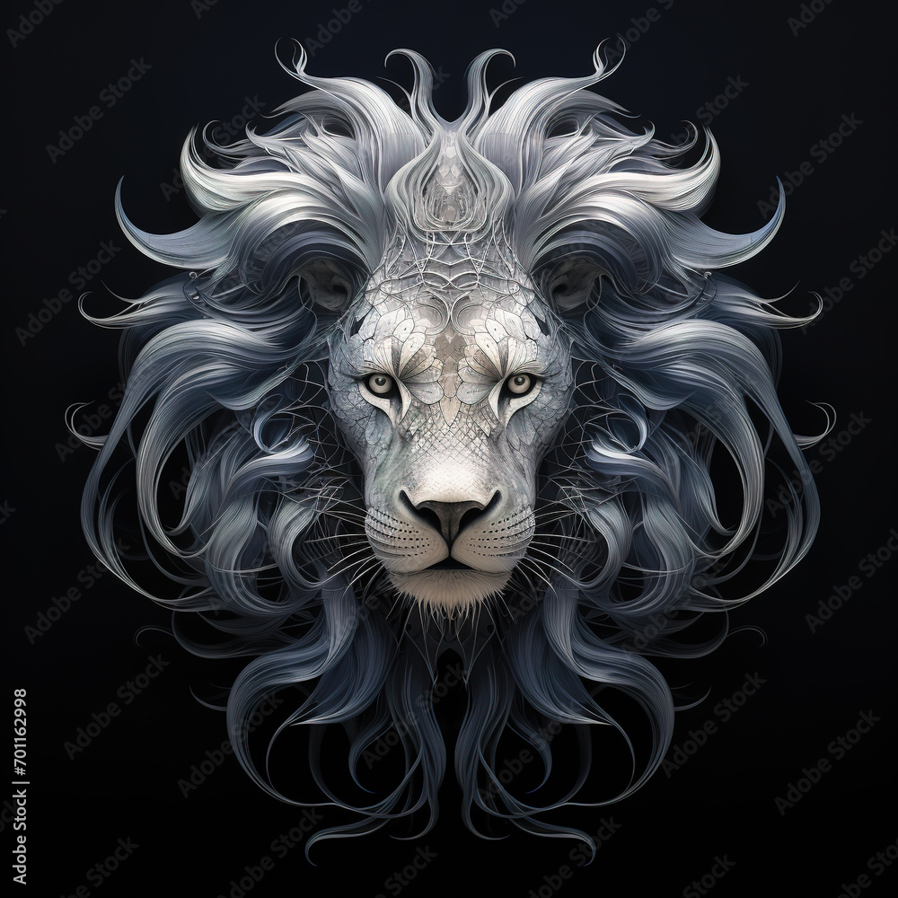 The head of a male lion has a long, beautiful mane of fur on black background, Mammals, Wildlife Animals. Illustration, Generative AI. The head of a male lion has a long, beautiful mane of fur on black background, Mammals, Wildlife Animals. Illustration, Generative AI.