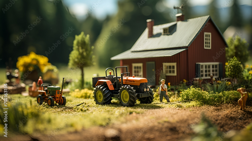 Obraz premium Miniature of farm activities in the village. There are farmers, cars, rice fields, cows, chickens and others.