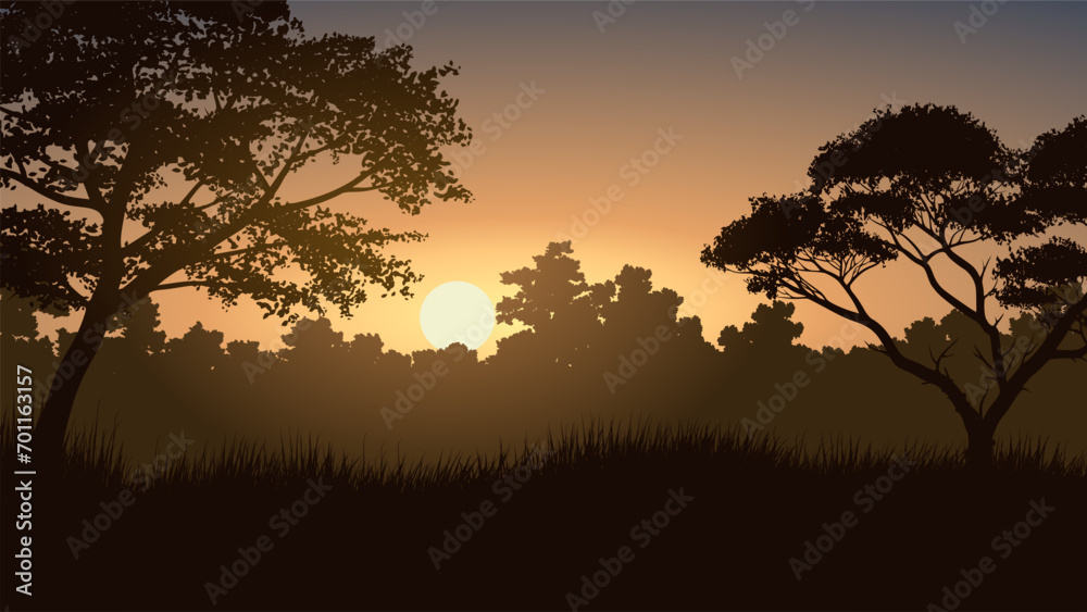 Beautiful vector forest sunrise landscape with trees in silhouette