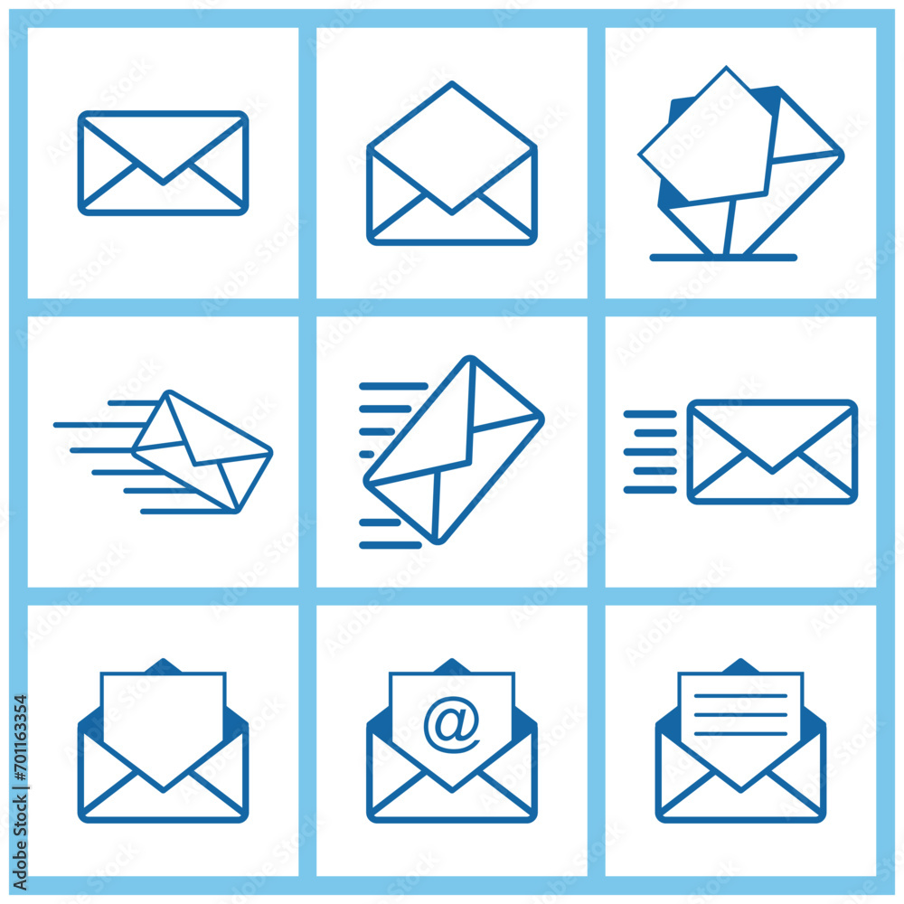 Set of mail icons. Envelope, letter. Vector illustration, Collection of mail and messaging icons. Design elements for several message icons like mobile apps, websites or UI Set of mail icons. Envelope, letter. Vector illustration, Collection of mail and messaging icons. Design elements for several message icons like mobile apps, websites or UI