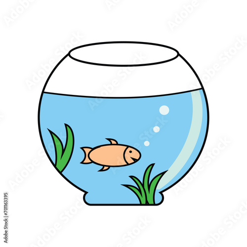 Illustration of a fishbowl with a fish inside on a white background. Illustration of room decoration, fishbowl. Aquarium design element with fish. Living water