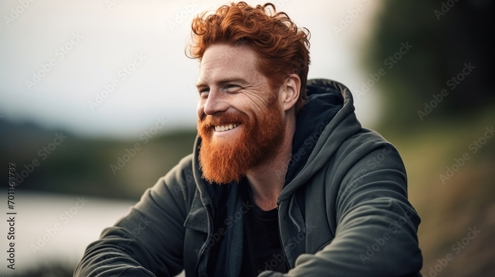 closeup portrait red haired man with beard in park outdoor. pensive attractive redhead ginger guy with on natural background closeup portrait red haired man with beard in park outdoor. pensive attractive redhead ginger guy with on natural background