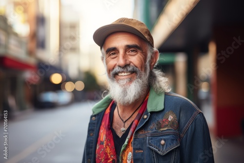 Portrait of a smiling senior man walking on the street in the city