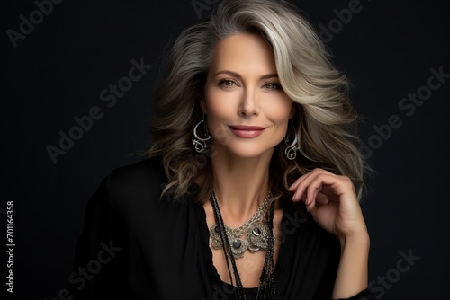 Portrait of a beautiful mature woman with long wavy hair.