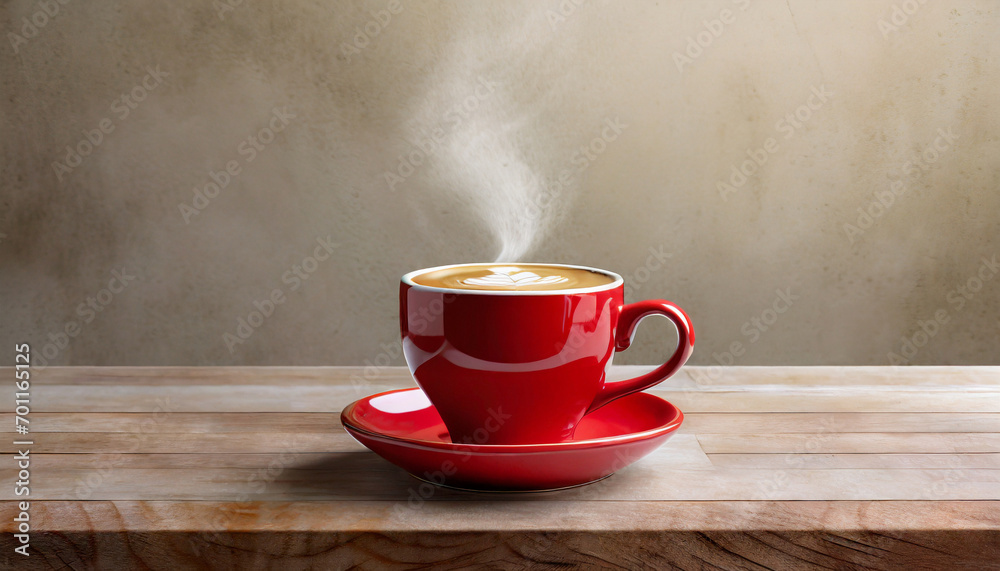 Heart of steam hovering over a red coffee cup of coffee on wooden table with cream wall background. Heart of steam hovering over a red coffee cup of coffee on wooden table with cream wall background.